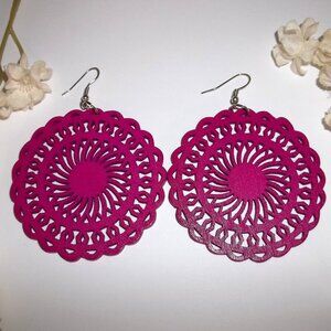 Big Earrings Fuchsia Magenta Pink Wooden Circle Statement Jewelry Drop Set C698
